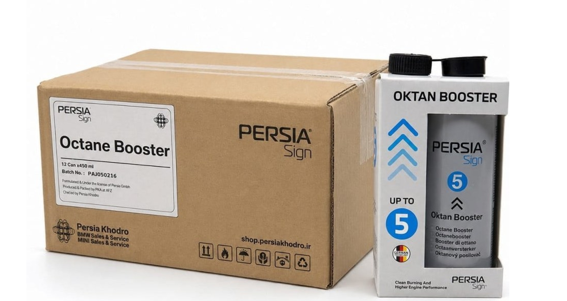 اکتان بوستر پرشیا ساین UP TO 5 حجم 450 میلی‌لیتر کارتن 12 عددی | ارسال رایگان + تخفیف ویژه